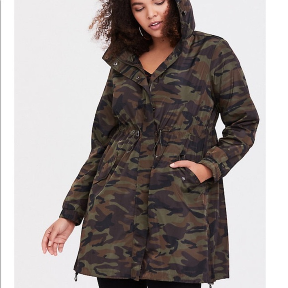 Torrid: Green Camo Nylon Rain Jacket